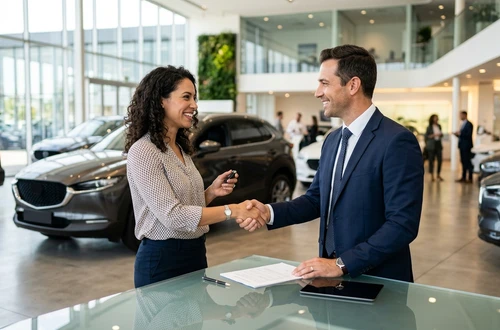 DriveWise lending specialist reviewing a car loan application with a client in a bright modern office